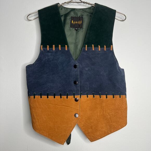 Vintage 90s Learsi Size Medium Green Navy Tan Western Suede Leather Vest Snaps - Picture 1 of 10